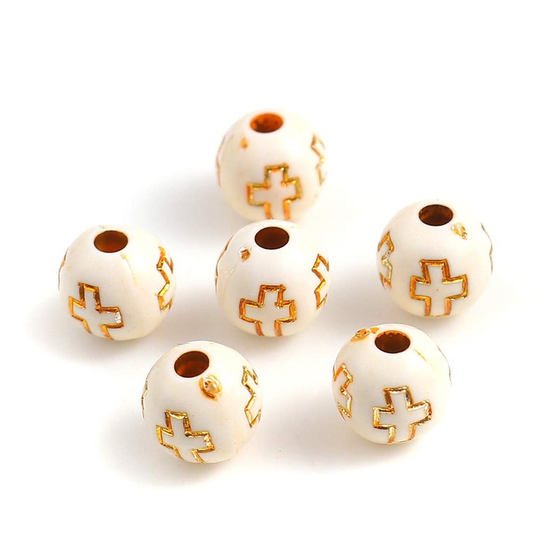 JGFinds Small Round Religious Spacer Beads, 500 Pack Ball Shaped Bead Spacers, 8mm (1/3 Inch) with 2mm Large Hole, Acrylic with Wood Look, Christian Beads (Off White Cross) - Image 1